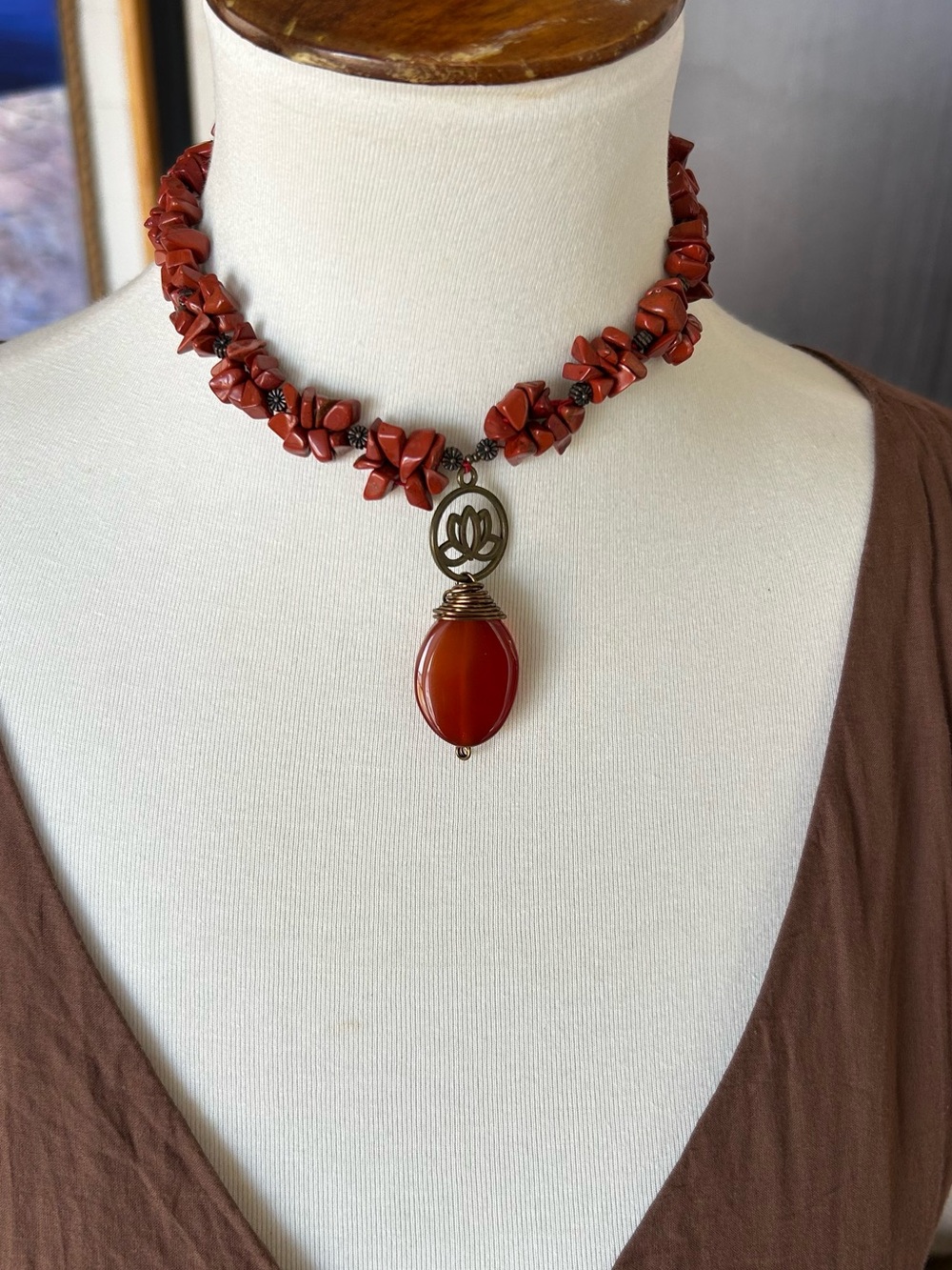 Choker NWT Marea Designs Red Jasper Stone Lotus Pendant Boho Necklace